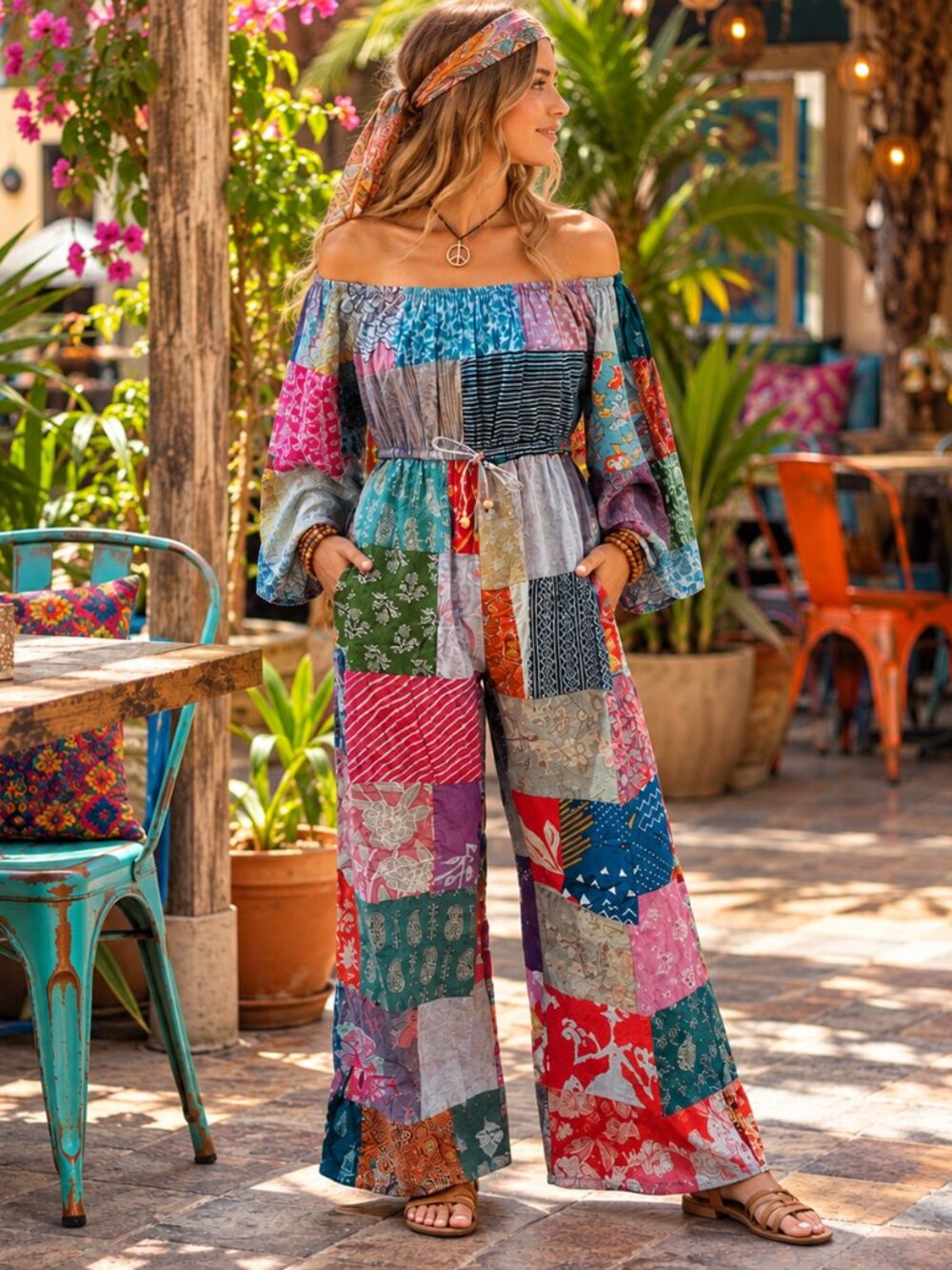 NWT Cotton Patchwork Drawstring Jumpsuit-Size X-Large - Picture 2 of 4